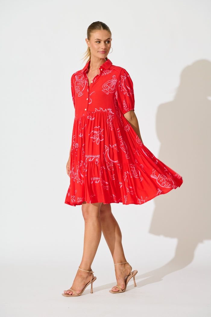 Sana Dress in Red with Pink Print side