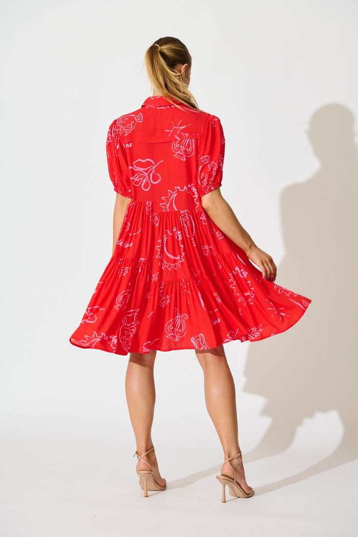 Sana Dress in Red with Pink Print back