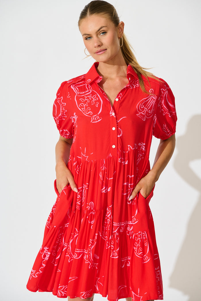 Sana Dress in Red with Pink Print front