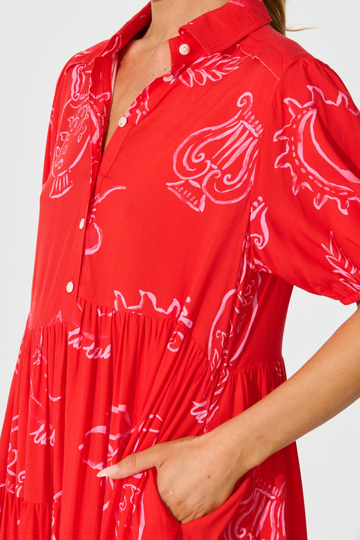 Sana Dress in Red with Pink Print detail
