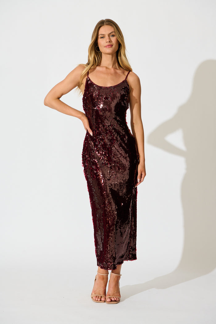 PRE ORDER Out Till Dawn Midi Dress in Wine Sequin full length