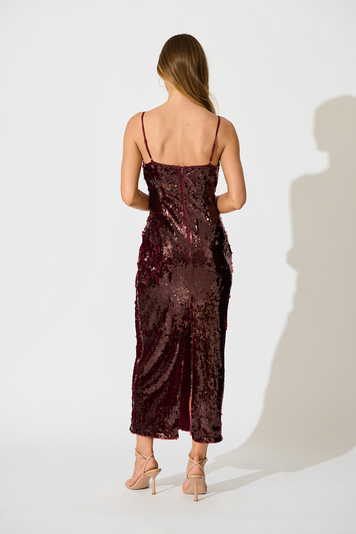 PRE ORDER Out Till Dawn Midi Dress in Wine Sequin back