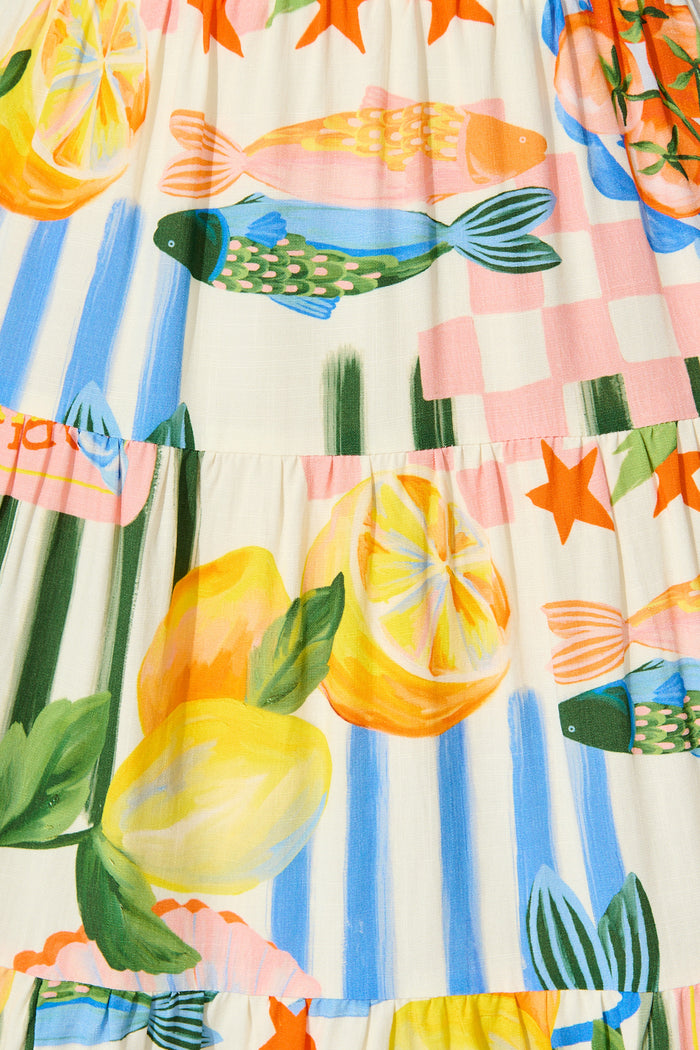 Zia Sundress in Cream with Multi Fruit Print fabric