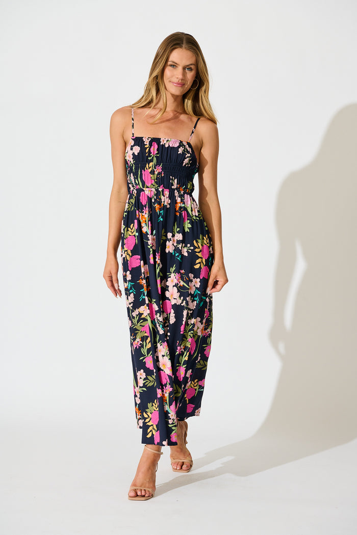 Remina Maxi Sundress in Navy with Pink Floral full length