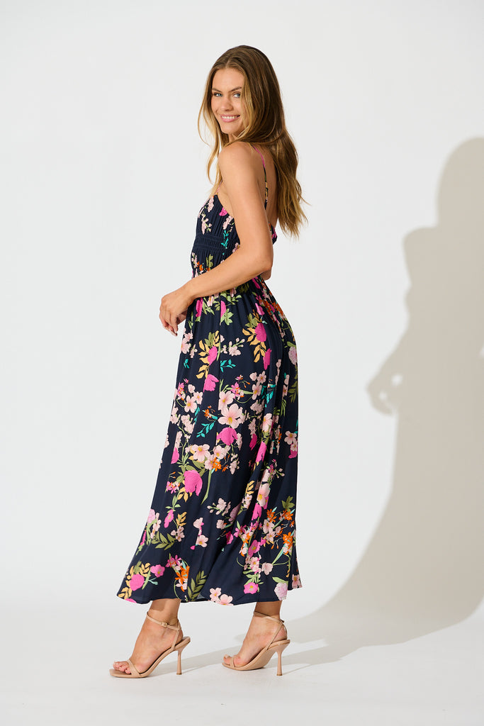 Remina Maxi Sundress in Navy with Pink Floral side