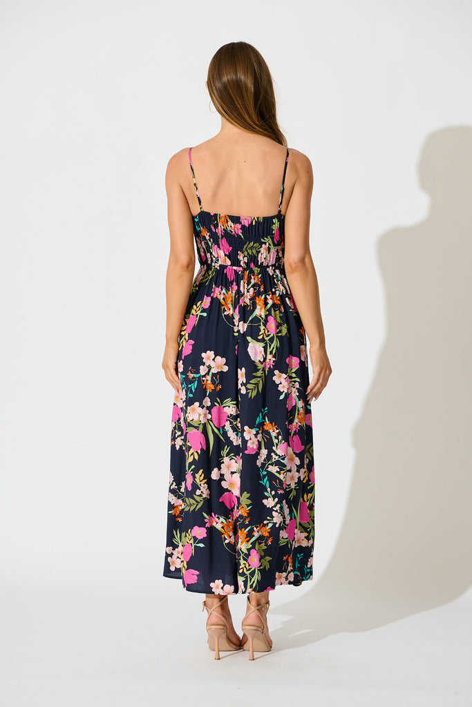 Remina Maxi Sundress in Navy with Pink Floral back