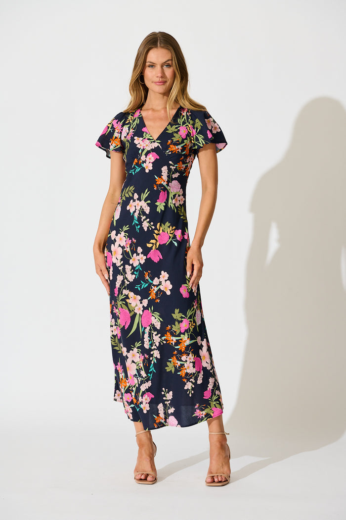 Tisha Maxi Dress in Navy with Pink Floral full length