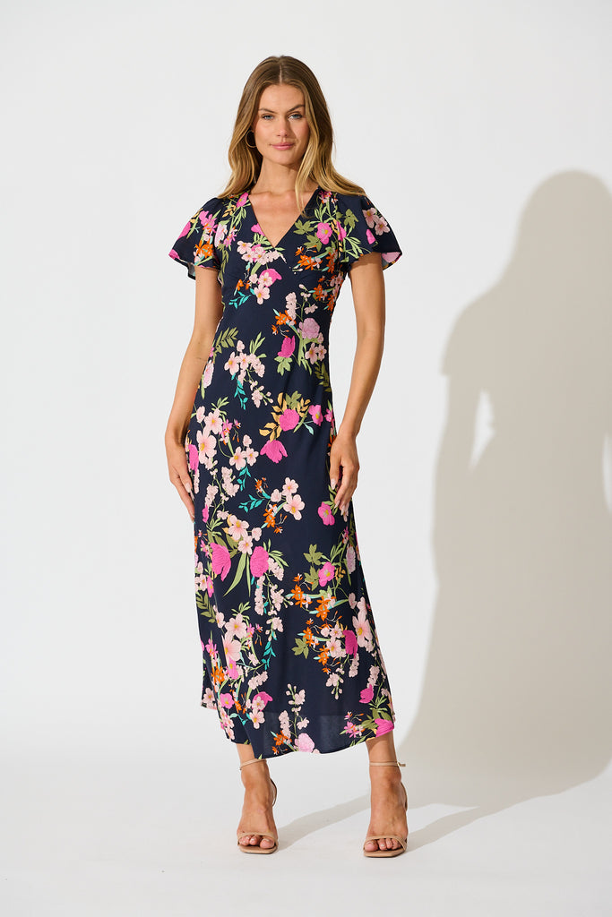 Tisha Maxi Dress in Navy with Pink Floral full length