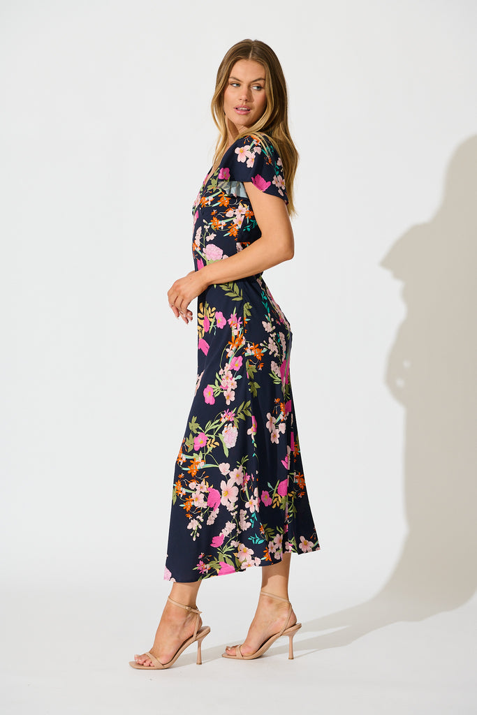 Tisha Maxi Dress in Navy with Pink Floral side