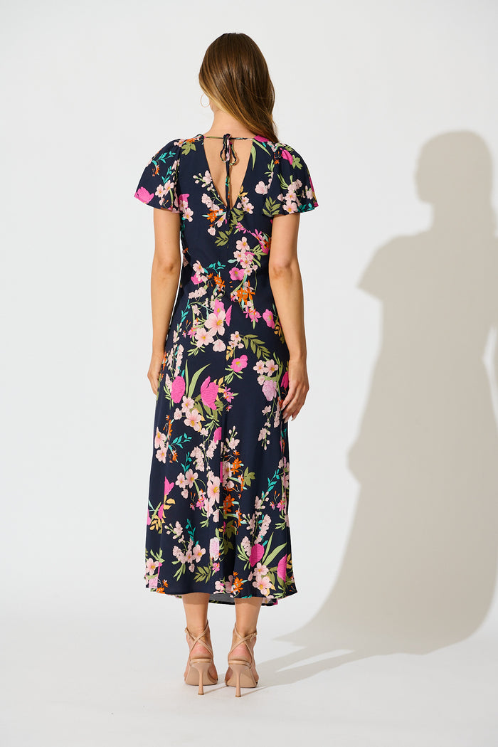 Tisha Maxi Dress in Navy with Pink Floral back