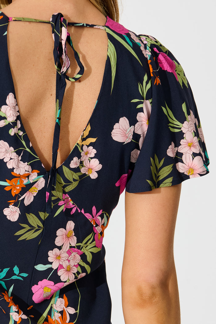 Tisha Maxi Dress in Navy with Pink Floral detail