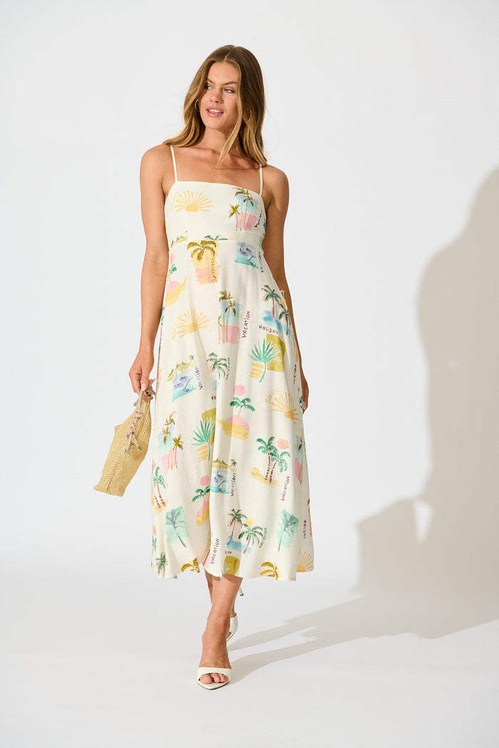 Cate Maxi Sundress in Cream with Multi Summer Linen Blend full length