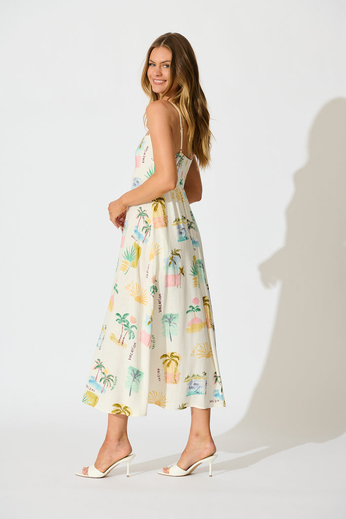 Cate Maxi Sundress in Cream with Multi Summer Linen Blend side