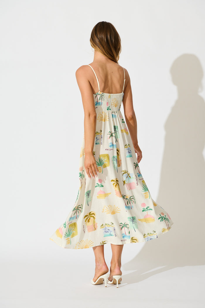 Cate Maxi Sundress in Cream with Multi Summer Linen Blend back