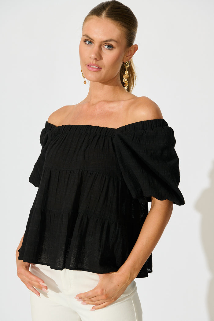 Carlene Top in Black Cotton front off shoulder