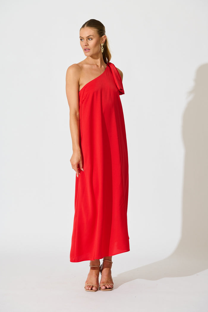 Loyality One Shoulder Maxi Dress in Red Satin full length