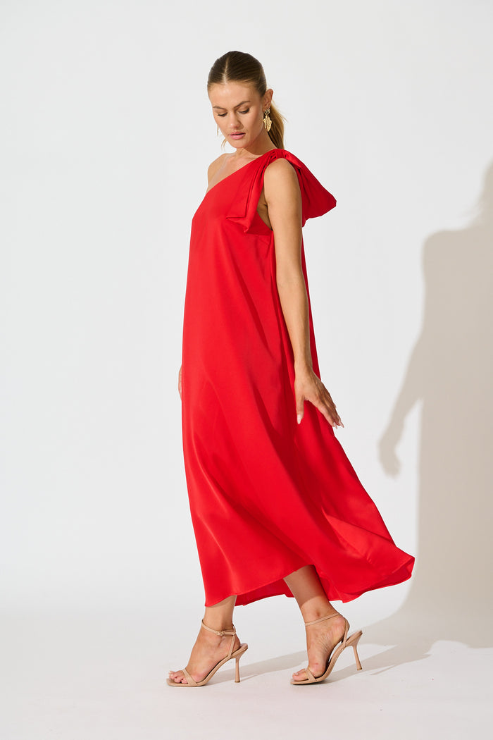 Loyality One Shoulder Maxi Dress in Red Satin side