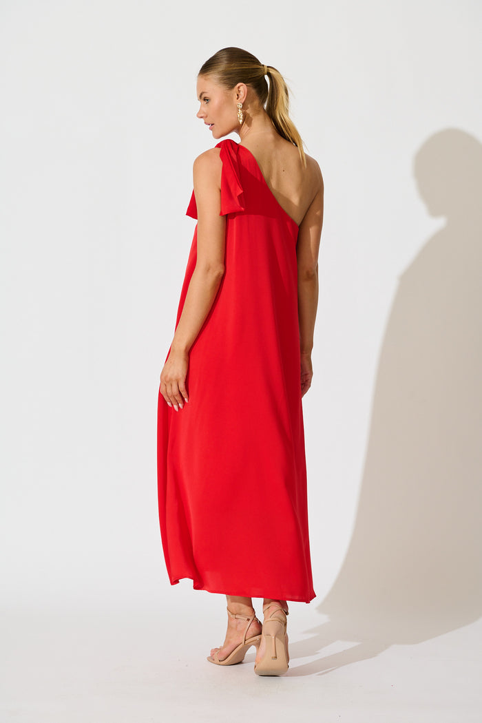 Loyality One Shoulder Maxi Dress in Red Satin back