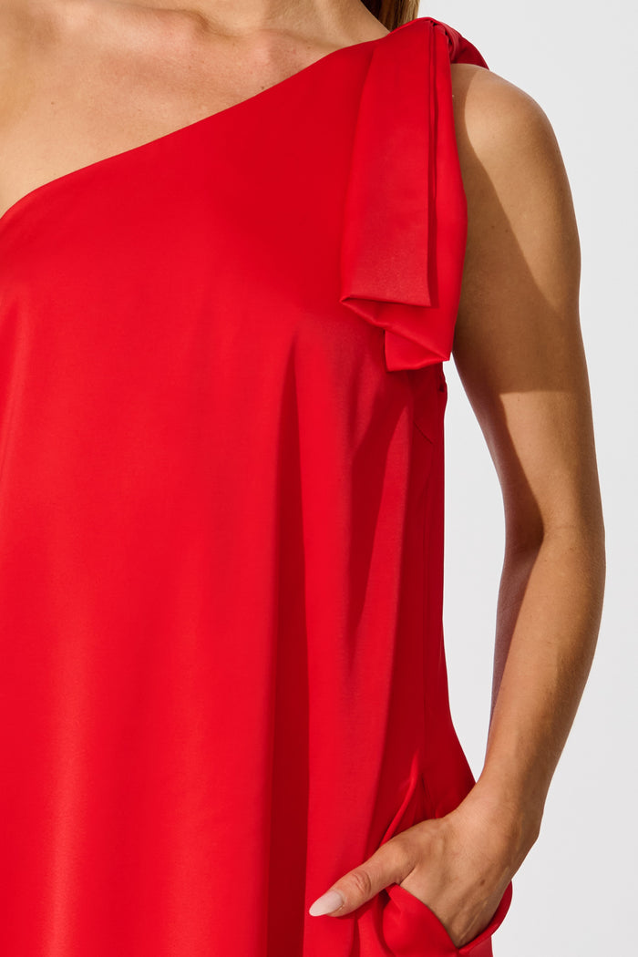 Loyality One Shoulder Maxi Dress in Red Satin detail