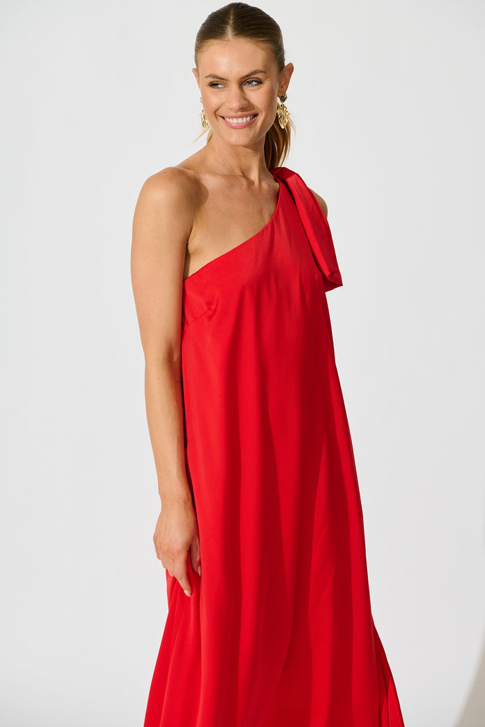 Loyality One Shoulder Maxi Dress in Red Satin front