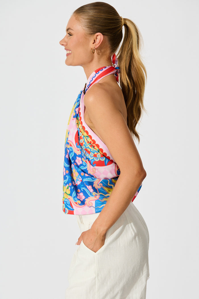 Siciliy Bloom Scarf in Blue with Multi Sun Print side