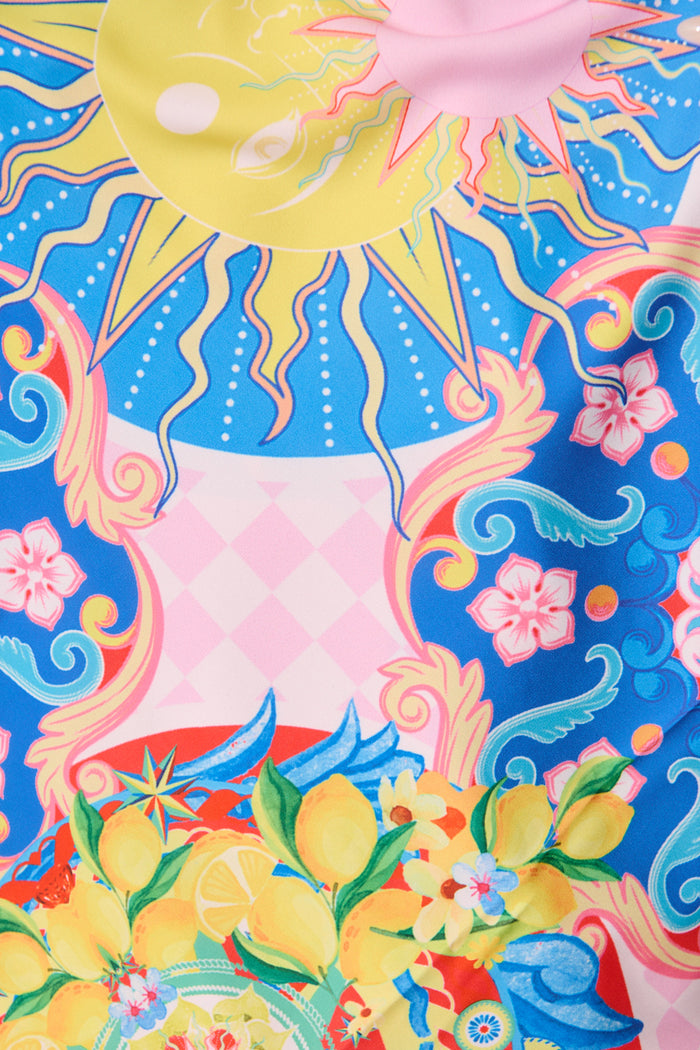 Siciliy Bloom Scarf in Blue with Multi Sun Print fabric