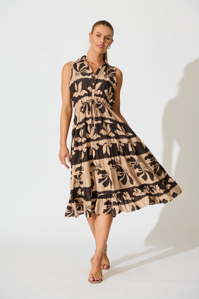 Larah Midi Dress in Brown and Black Linen Blend full length