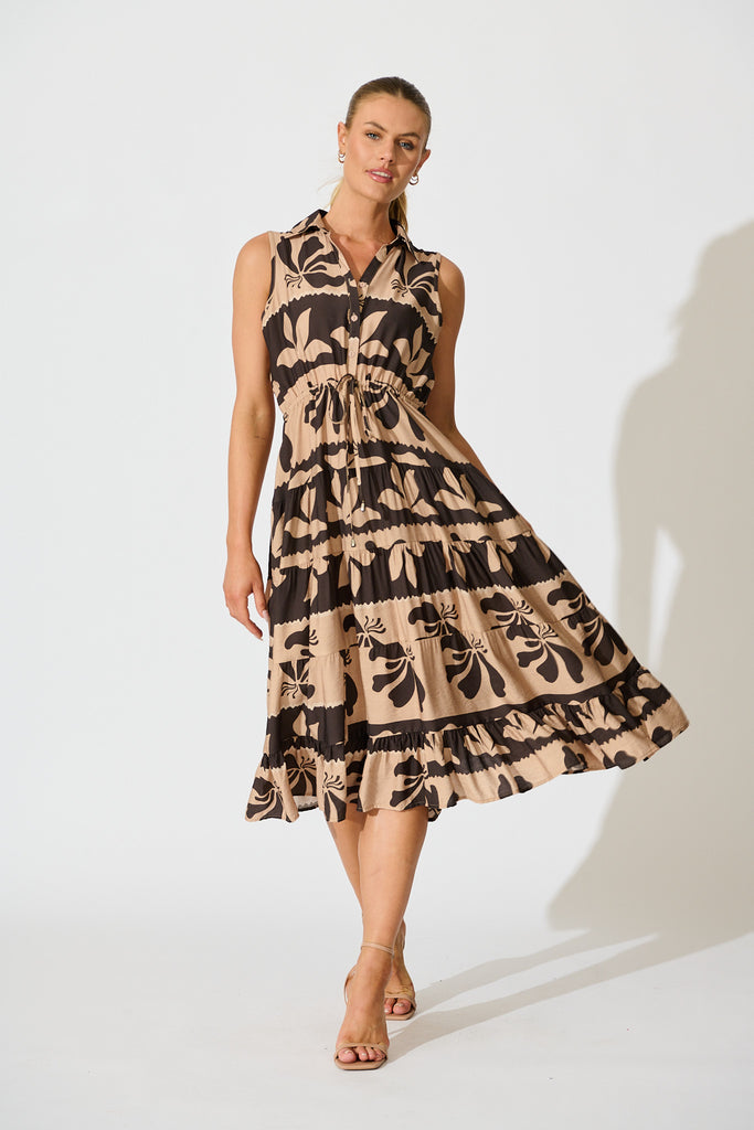 Larah Midi Dress in Brown and Black Linen Blend full length