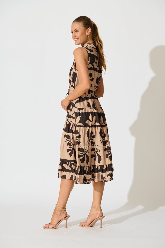 Larah Midi Dress in Brown and Black Linen Blend side