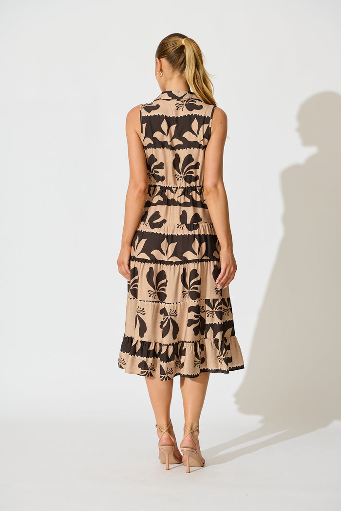 Larah Midi Dress in Brown and Black Linen Blend back