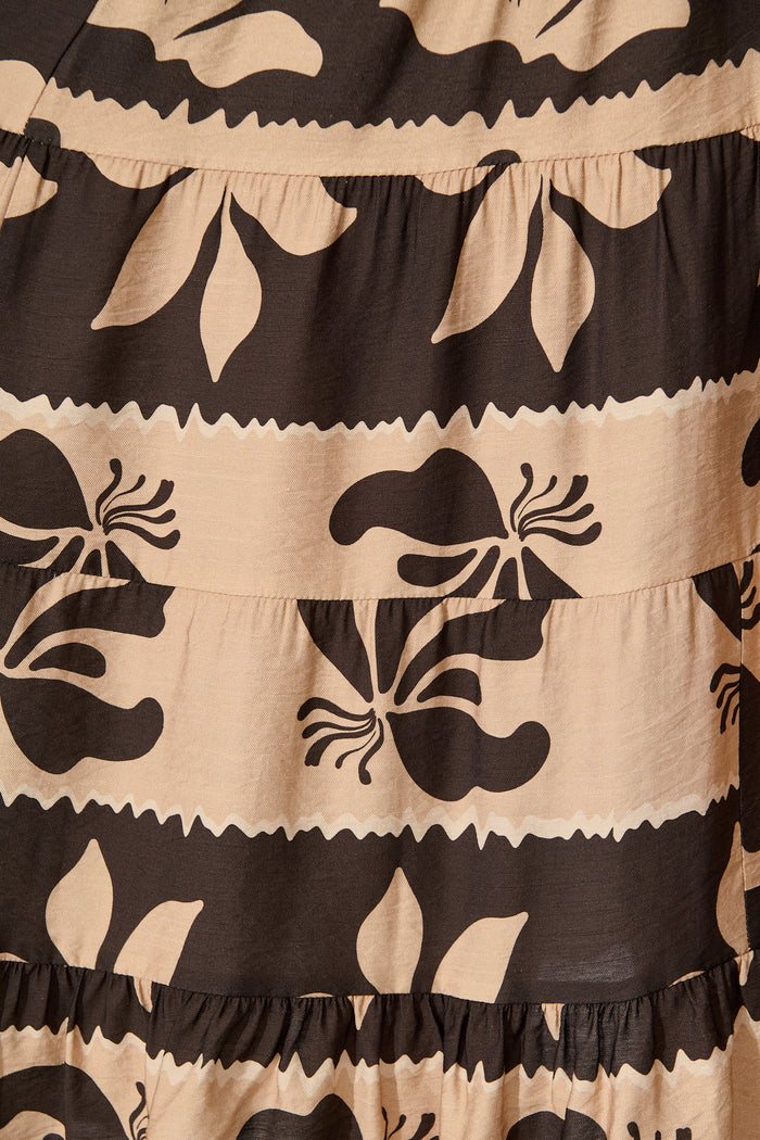 Larah Midi Dress in Brown and Black Linen Blend fabric