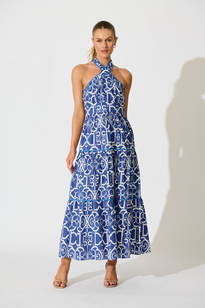 Celandine Halter Neck Maxi Dress in Blue with White Print Cotton full length