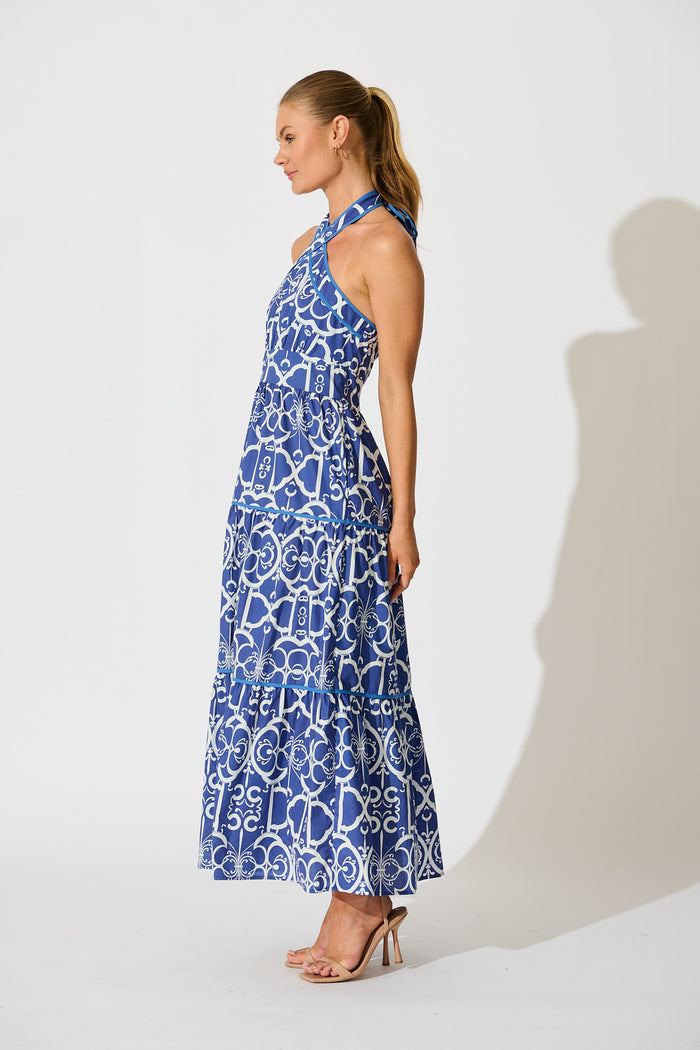Celandine Halter Neck Maxi Dress in Blue with White Print Cotton side