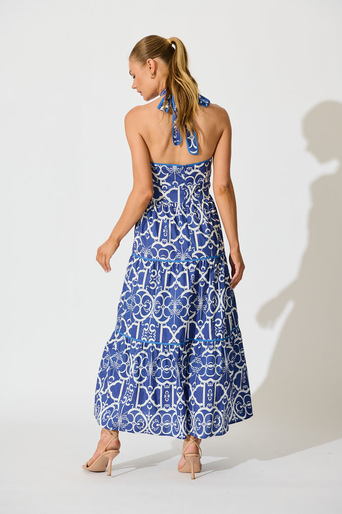 Celandine Halter Neck Maxi Dress in Blue with White Print Cotton back