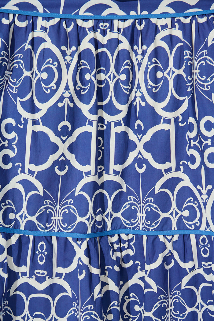 Celandine Halter Neck Maxi Dress in Blue with White Print Cotton fabric