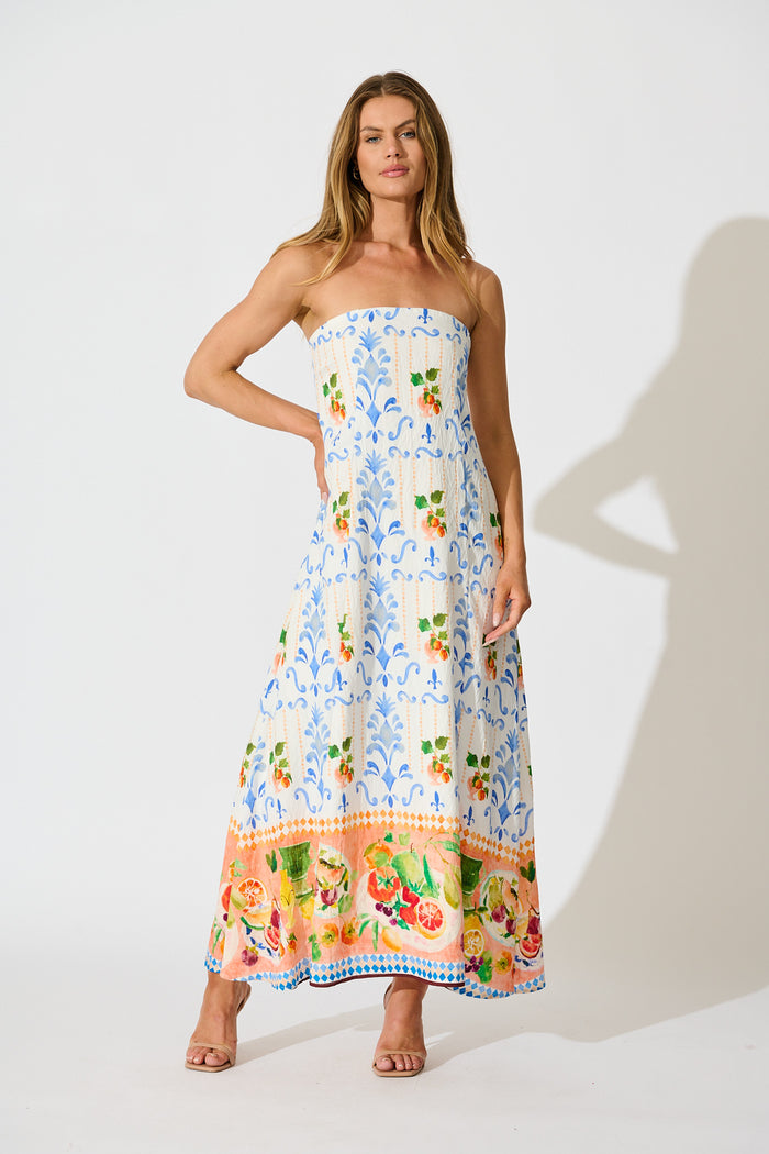 Frieda Maxi Dress in Multi Fruit Border Print full length