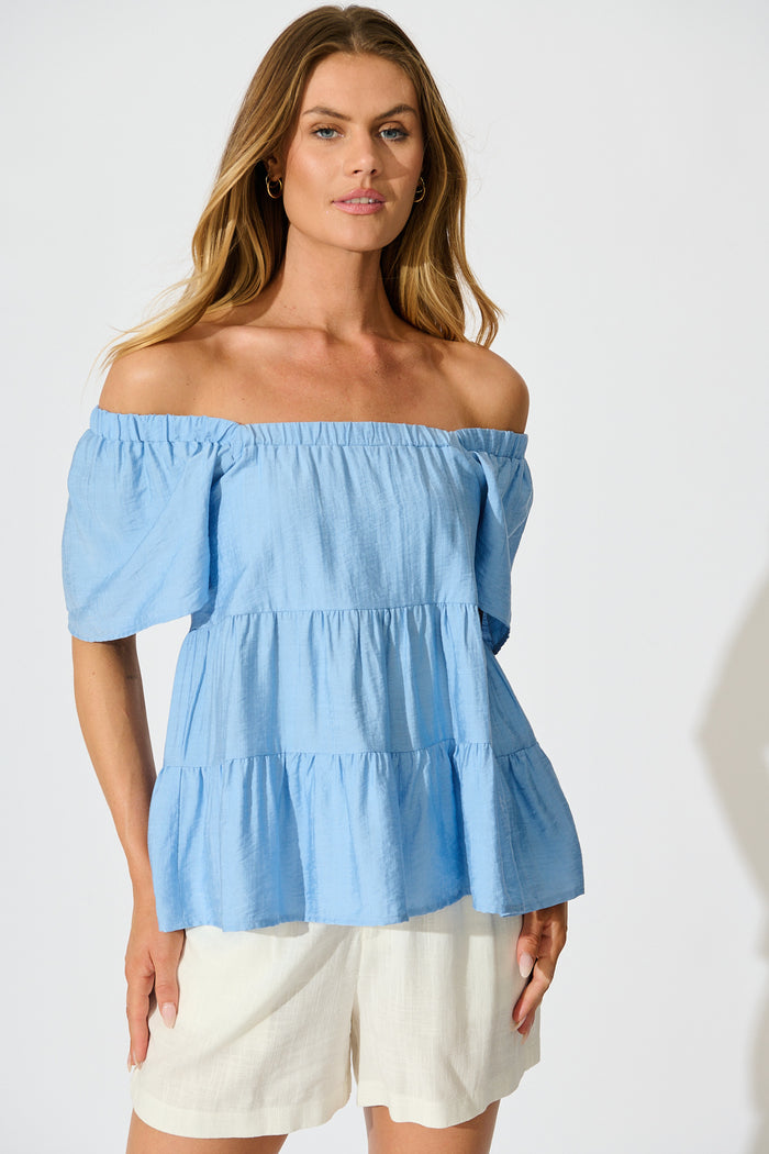 Jemma Off Shoulder Top in Light Blue Linen Blend front