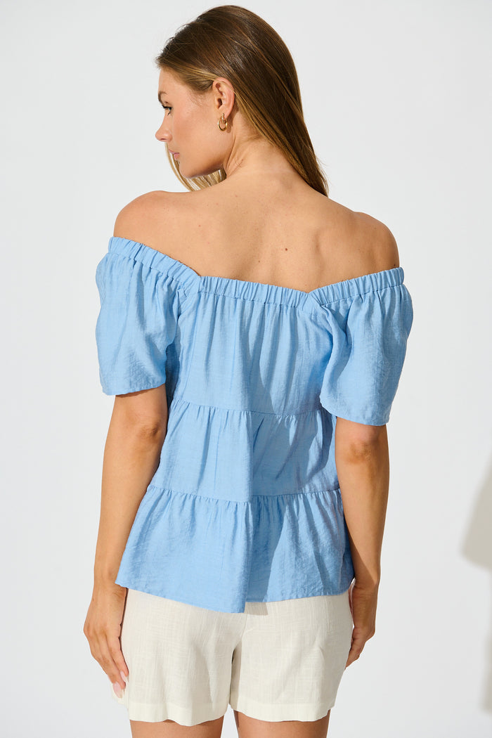 Jemma Off Shoulder Top in Light Blue Linen Blend back