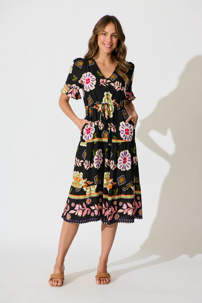 Steele Midi Dress in Black with Multi Floral Print full length
