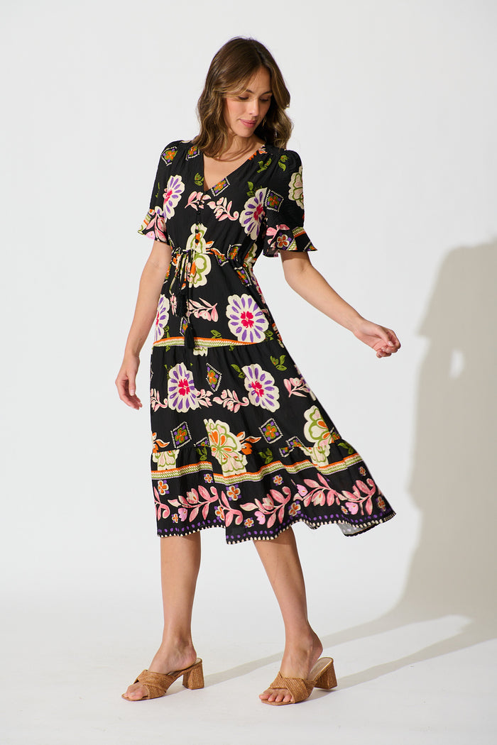 Steele Midi Dress in Black with Multi Floral Print side