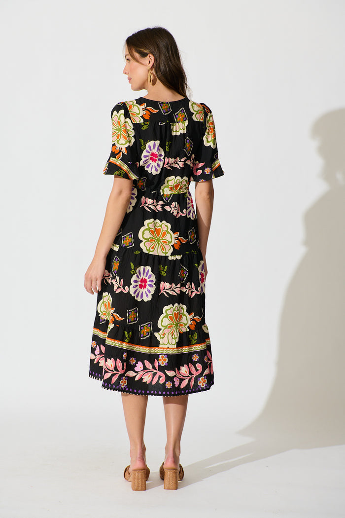Steele Midi Dress in Black with Multi Floral Print back