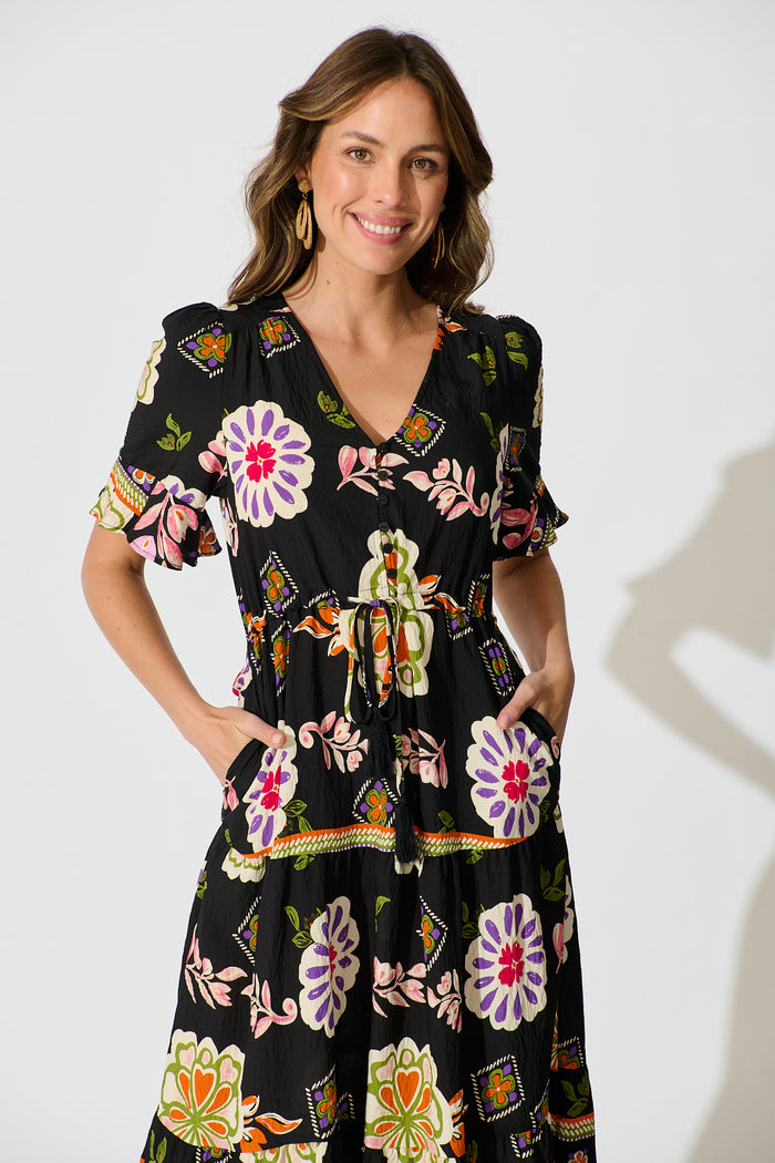 Steele Midi Dress in Black with Multi Floral Print front