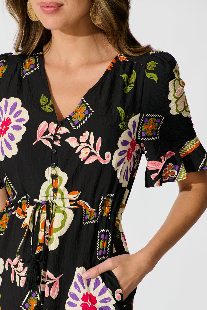 Steele Midi Dress in Black with Multi Floral Print detail