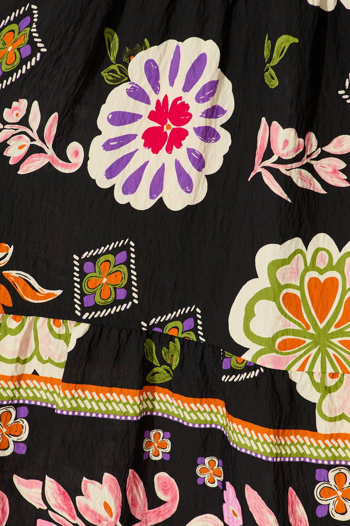 Steele Midi Dress in Black with Multi Floral Print fabric