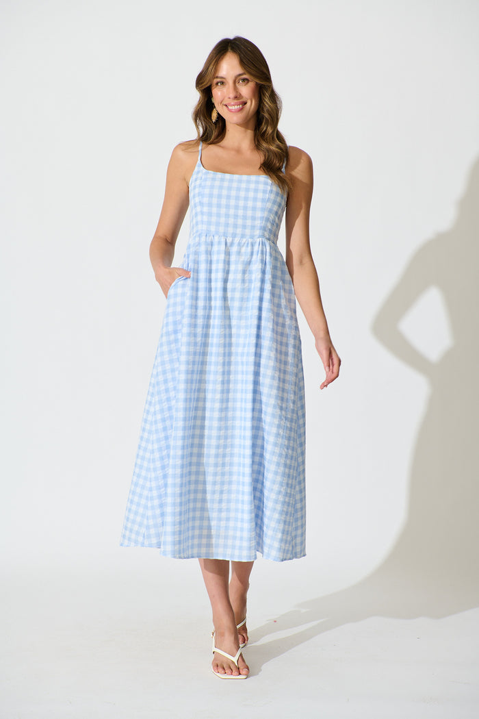 Emmy Maxi Sundress In Blue Gingham Cotton Blend full length