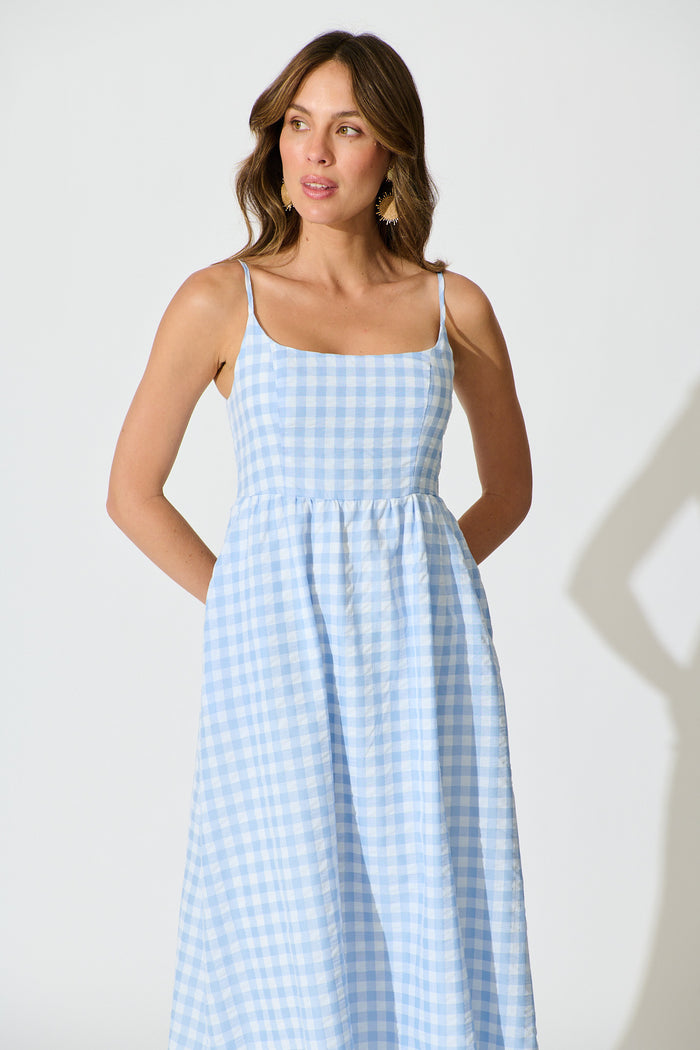 Emmy Maxi Sundress In Blue Gingham Cotton Blend front