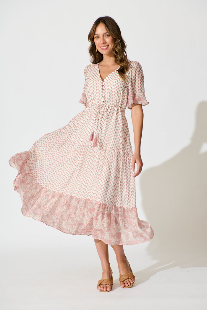 Sheer Allure Midi Dress in White with Blush Print full length
