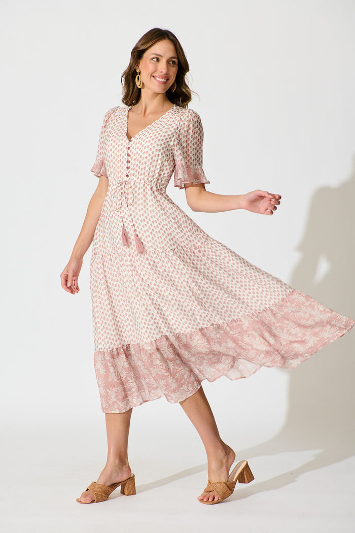 Sheer Allure Midi Dress in White with Blush Print side