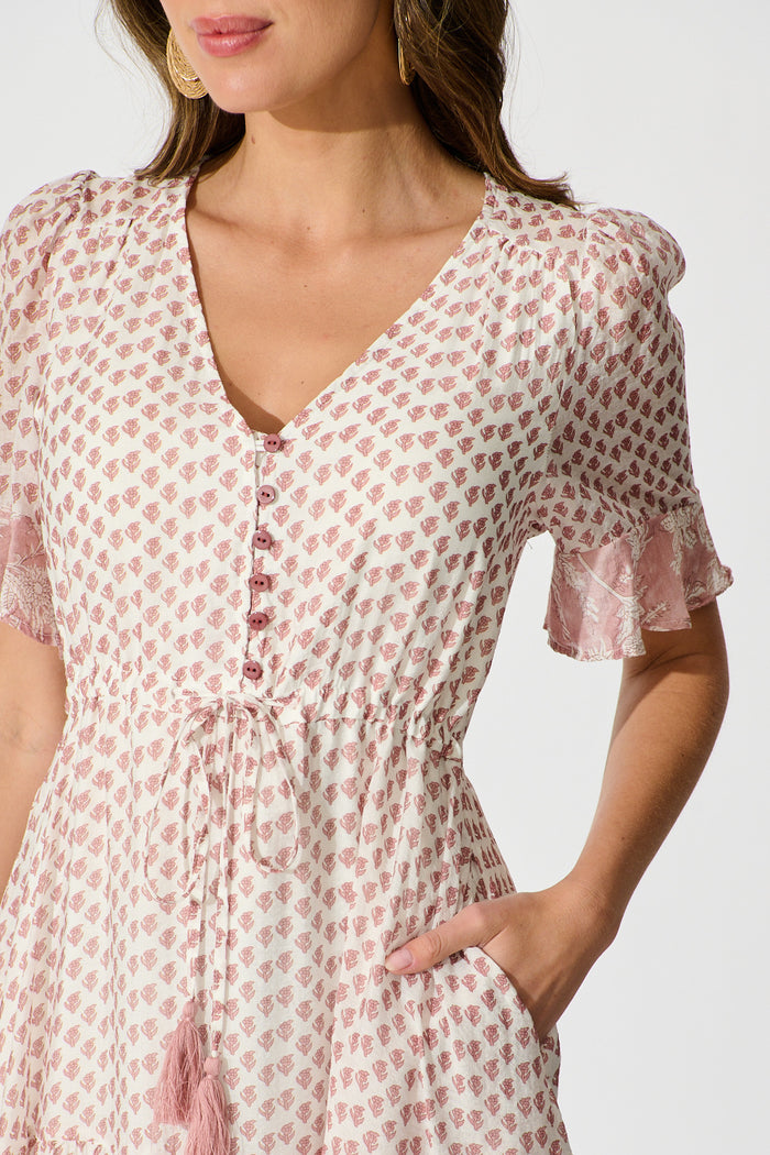 Sheer Allure Midi Dress in White with Blush Print detail