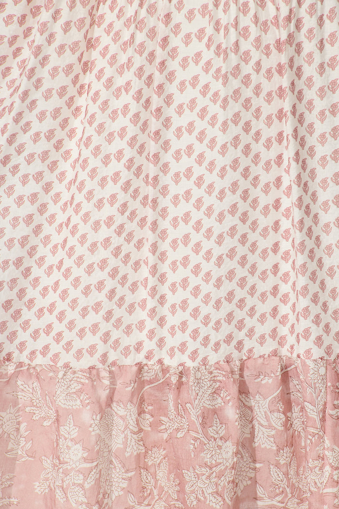 Sheer Allure Midi Dress in White with Blush Print fabric